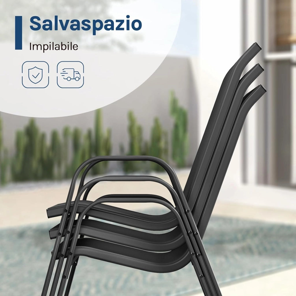 Set di 2 sedie da giardino impilabili, sedie da esterno con braccioli e schienale, per terrazza, balcone, grigio scuro