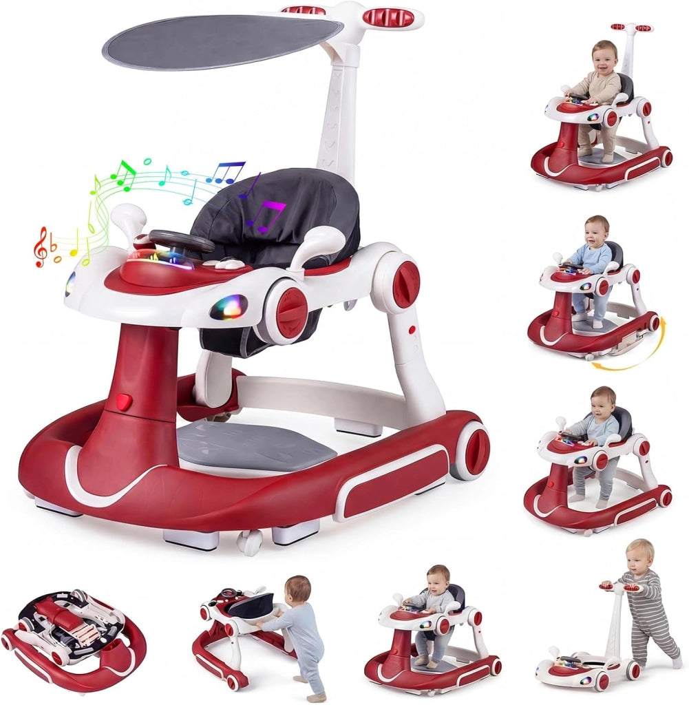 Girello per Bambini 6-in-1 Evolutivo, Centro Attività Pieghevole con Maniglia, Regolazione Altezza/Velocità, con Musica, Luci Tenda, per Neonati 6-18 Mesi (Rosso+Bianco)