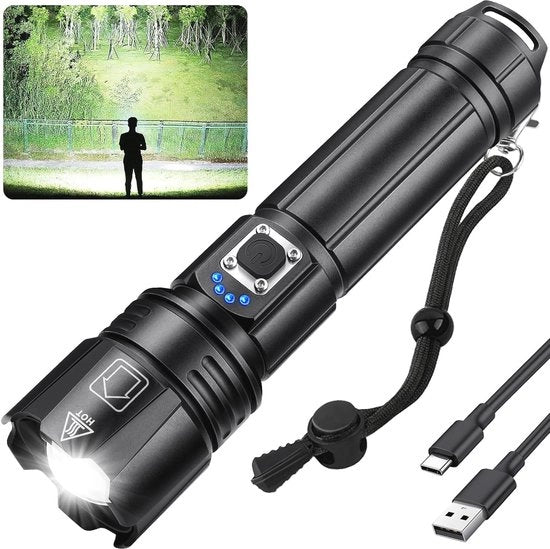 Zaklamp LED 20.000 lumen estremamente luminoso - con zoom tattico 5 modalità di illuminazione IPX6 impermeabile per campeggio escursioni - con batteria ricaricabile