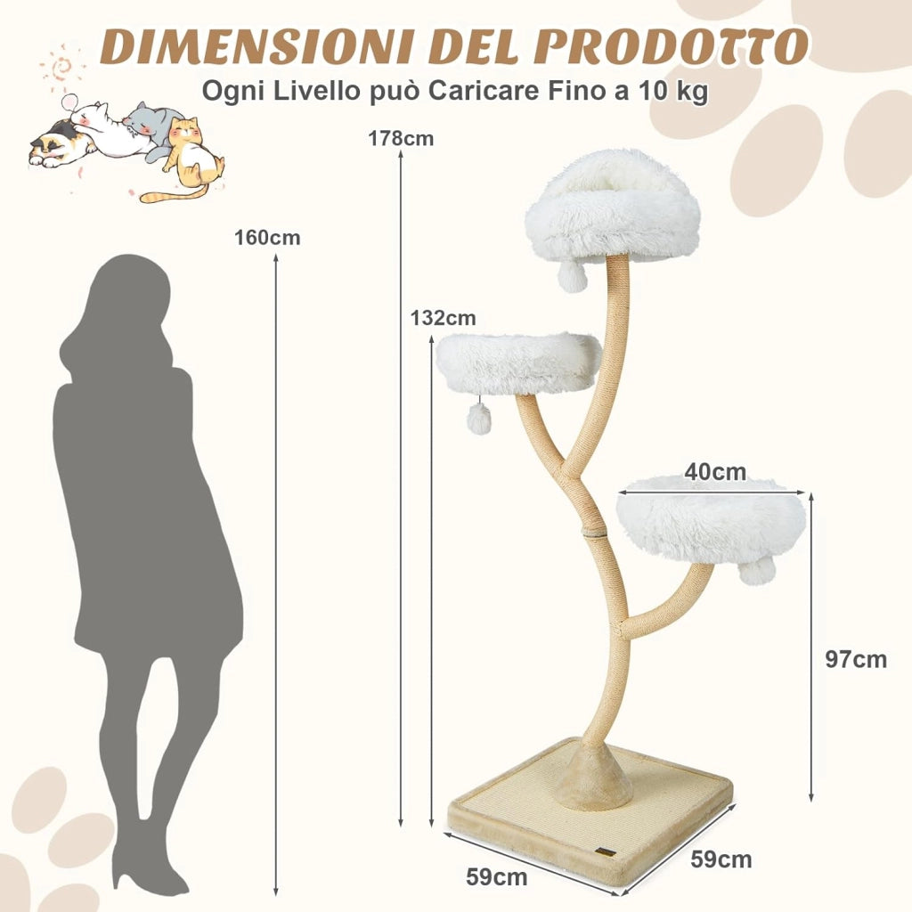 Albero per Gatti Alto 178 cm, Albero Tiragraffi per Gatti con Telaio di Supporto Curvo in Metallo, 3 Cucce Calde e Palline, Pali e Tavoletta Tiragraffi in Sisal, 59 x 59 x 178 cm (Beige)