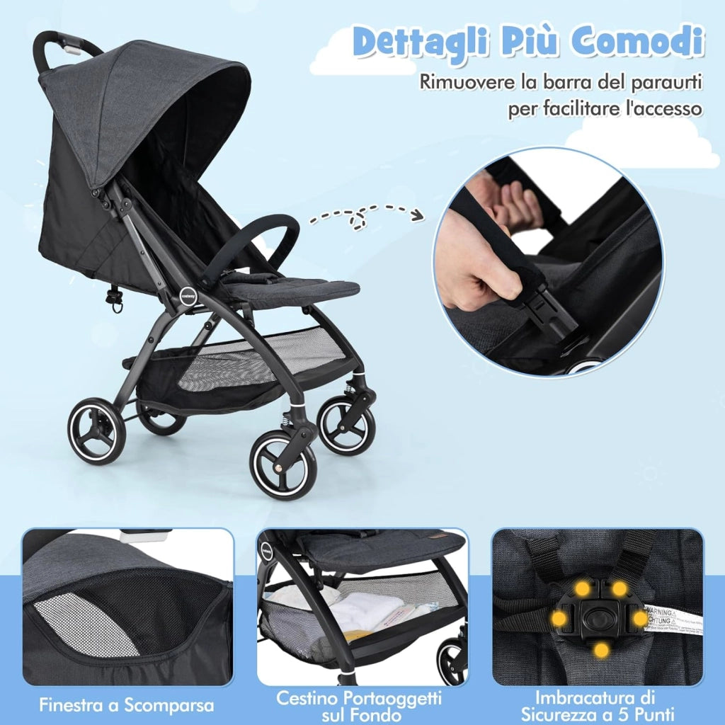 Passeggino Leggero per Bambini, Passeggino Pieghevole con Schienale Regolabile, Tettuccio, Cintura di Sicurezza a 5 Punti, Cestello Portaoggetti, per Bambini 0-36 Mesi (Grigio)