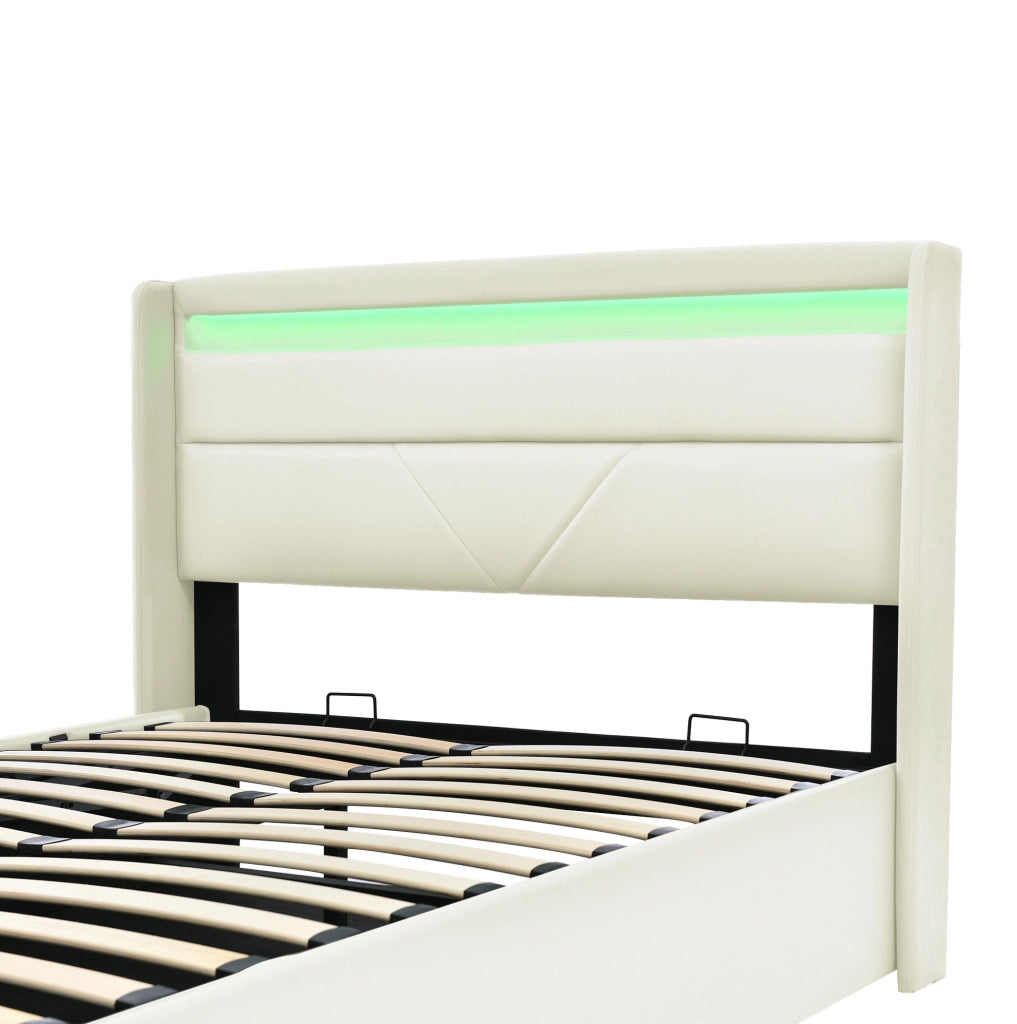 Letto imbottito contenitore 140x200 cm in PU bianco con LED