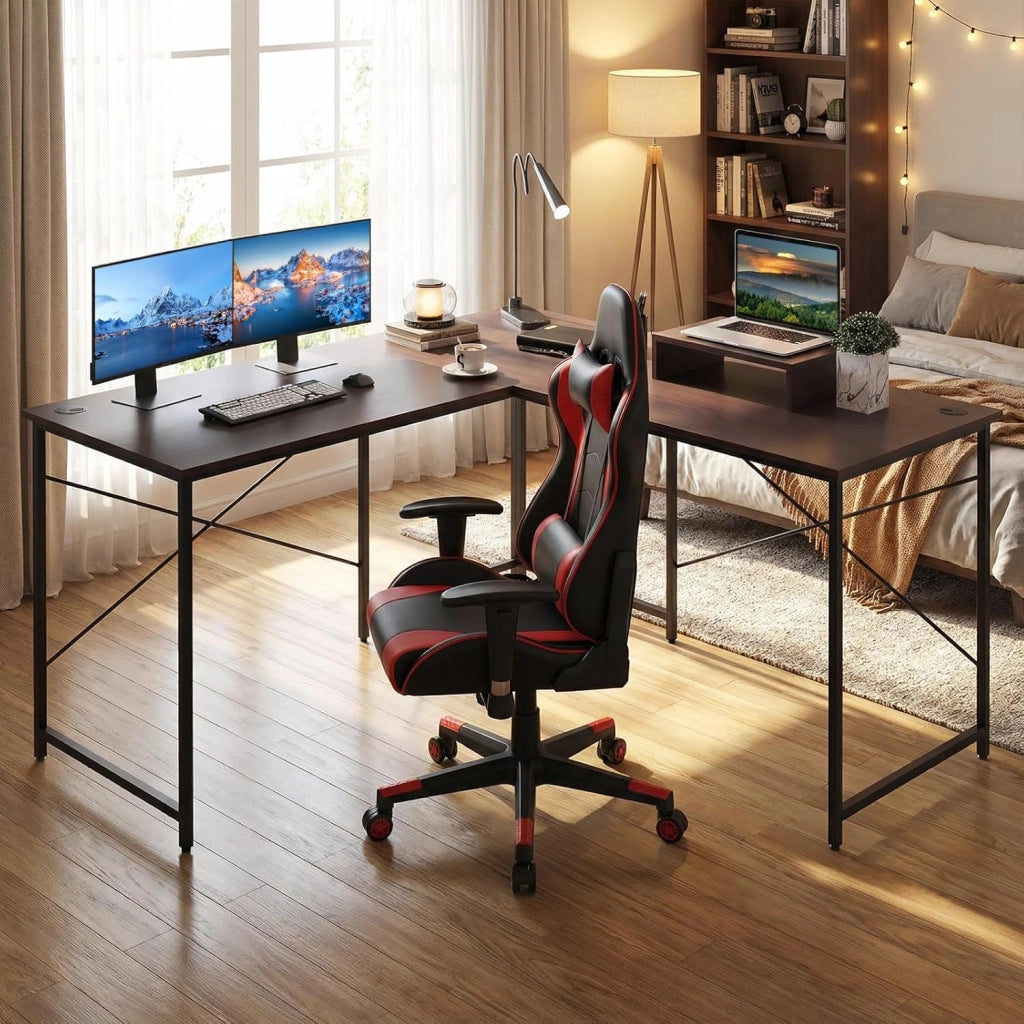 Scrivania per computer a forma di L, scrivania ad angolo convertibile con passacavi e supporto per monitor, 150 x 150 x 74,5 cm, tavolo da lavoro per ufficio, camera da letto (marrone, senza