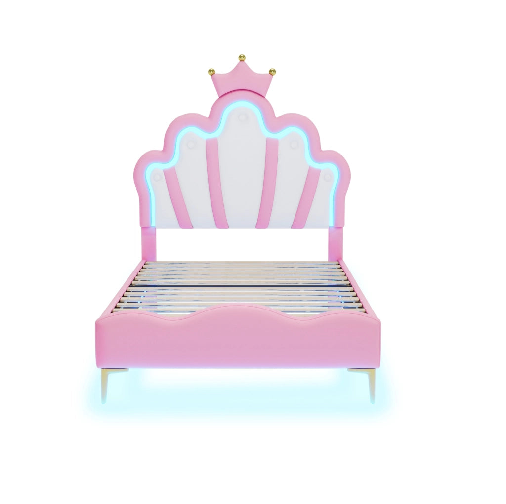 Letto singolo 90x200 cm con LED e testiera a nuvola; PU; rosa