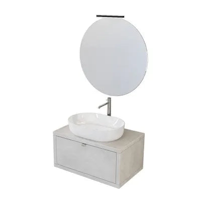 Mobile bagno sospeso 80 cm grigio chiaro con lavabo a bacinella e specchio tondo Master