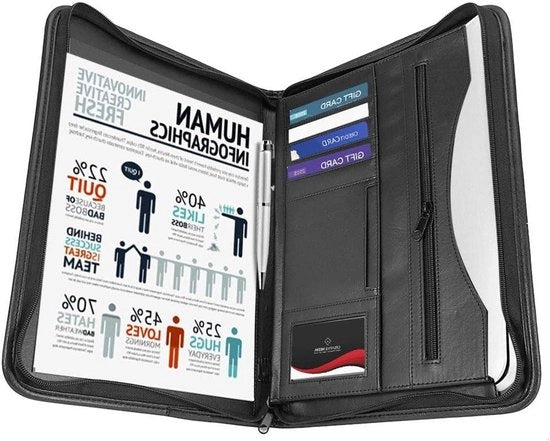 Cartellino di conferimento A4 formato di pelle PU - Borsa nera per documenti e note con blocco per note - Tasca per documenti per uso professionale