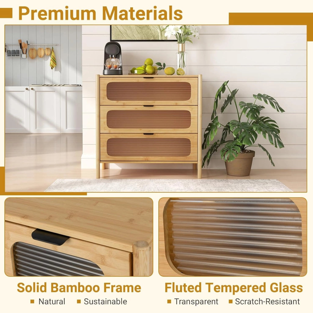 Cassettiera in bambù a 3 cassetti, comodino a 3 livelli con kit antiribaltamento e decorazione in vetro temperato, mobile portaoggetti in legno per camera da letto e soggiorno, naturale