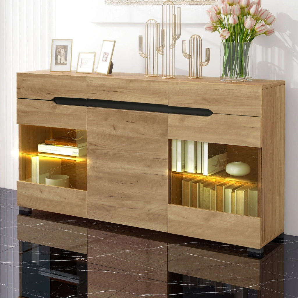 OKWISH Credenza con 3 Ante e 3 Cassetti, LED controllato da app, foro passacavi, per Soggiorno, MDF, Rovere, 140 x 35 x 80 cm