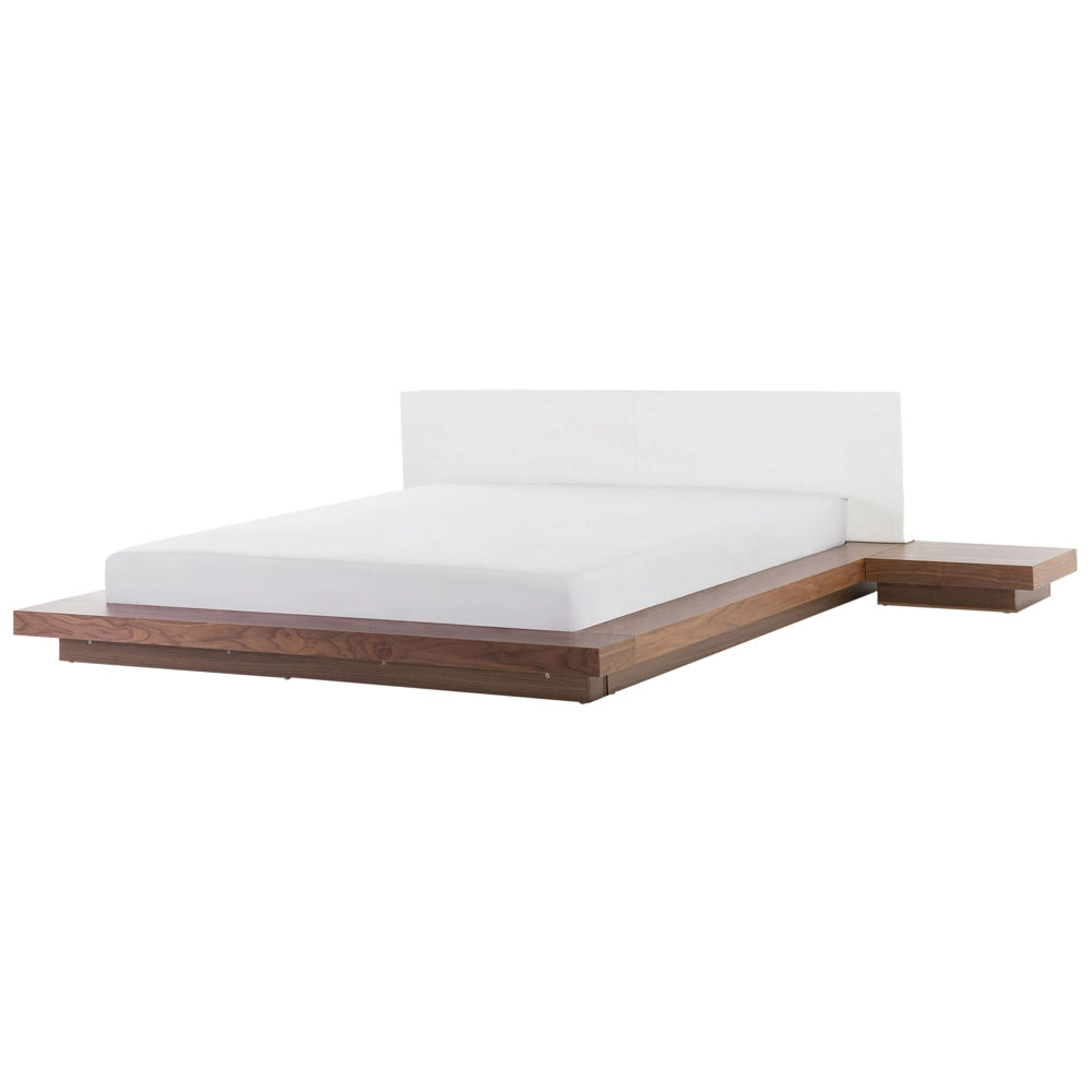 Letto LED in stile giapponese in frassino marrone 180 x 200 cm testata in legno impiallacciato MDF testata in pelliccia sintetica