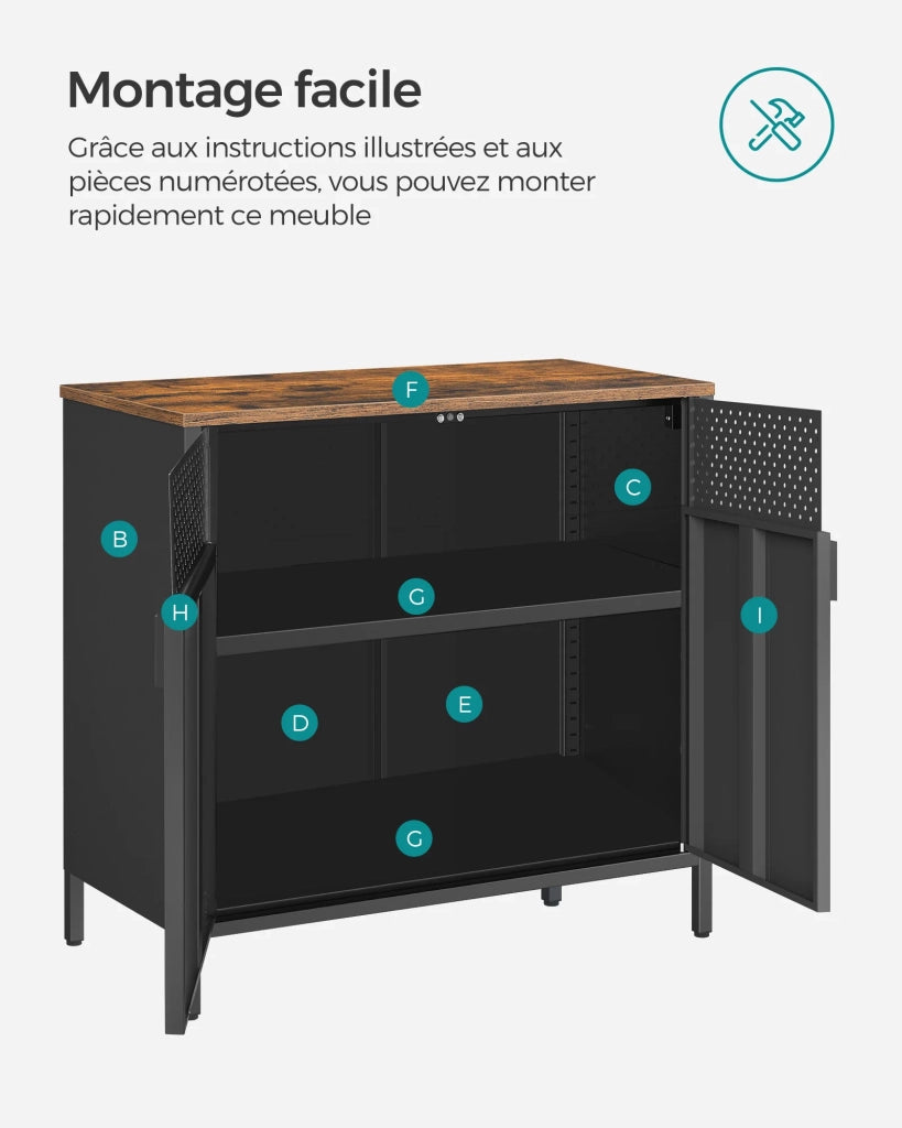 Mobile contenitore/credenza 80 x 40 x 76 cm con doppie ante magnetiche e ripiano regolabile per sala da pranzo soggiorno cucina ingresso struttura in acciaio stile industriale nero 12_0006433