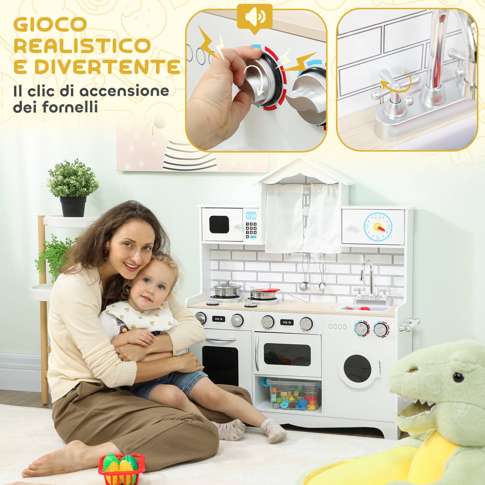 Cucina Giocattolo per Bambini 3-6 Anni con Set di Accessori Lavandino e Manopole con Suoni in Legno Bianco