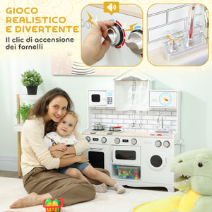 Cucina Giocattolo per Bambini 3-6 Anni con Set di Accessori Lavandino e Manopole con Suoni in Legno Bianco