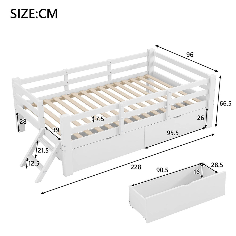 Letto 90x200cm in legno - Xylo - piattaforma 2 cassetti barriera bianco
