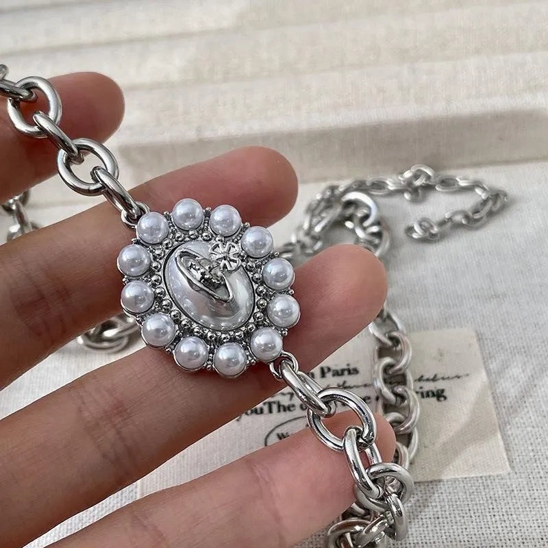 Collana vintage con perle rotonde e pianeti, regalo di Natale o compleanno.