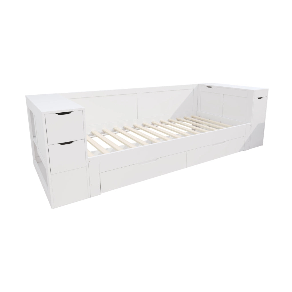Letto singolo 90x190 cm con cassetto e comodino scorrevole in MDF bianco