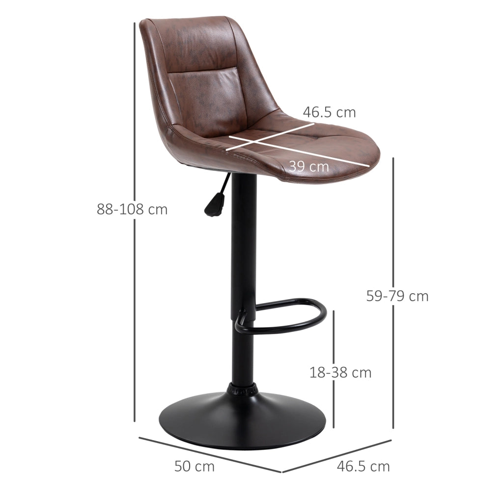 Set 2 Sgabelli da Bar Vintage 46,5x50x88-108 cm Seduta in Finta Pelle Marrone