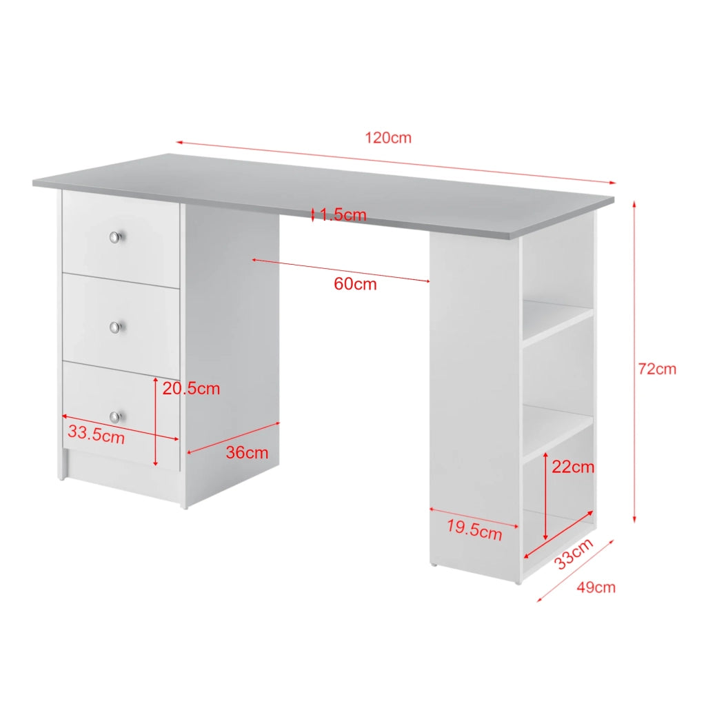 Scrivania per ufficio scrivania segretaria postazione computer con 3 cassetti e 3 ripiani piano in legno rivestito in melaminico 120 x 49 x 72 cm bianco e grigio chiaro 03_0006670