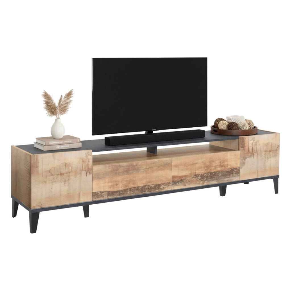 Mobile da soggiorno Porta Abina, Made in Italy, Supporto per Abina da salotto a 2 ante e 2 cassetti, Cm 200x40h47, Ardesia e Acero