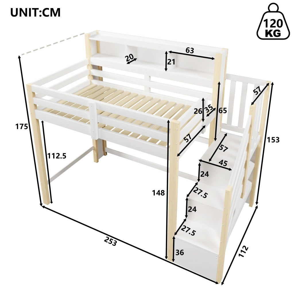 LETTO a soppalco 90x200 cm Bianco/Naturale con scala contenitore e LED