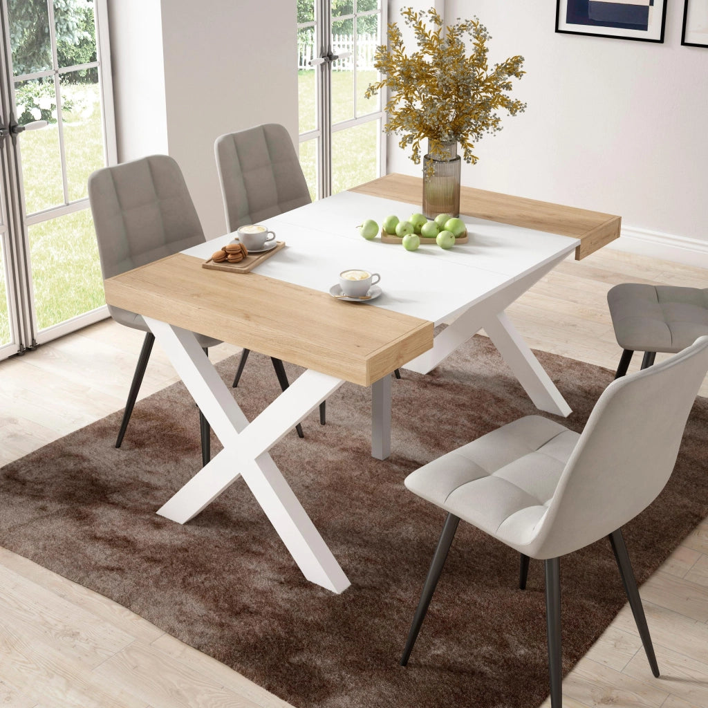 Consolle allungabile, 58 fino 140x90x73cm, Per 6 persone, Gambe in legno, colore Rovere e bianco RF2720