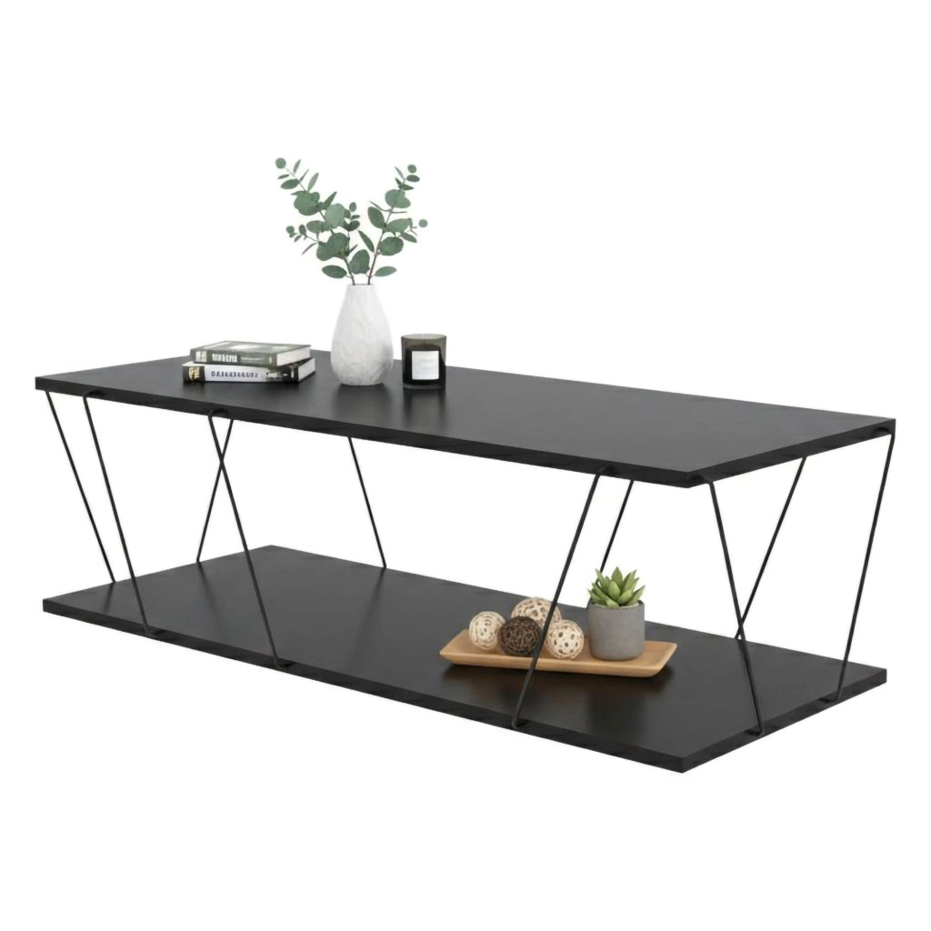 Tavolino da salotto Sarika, Tavolo basso da caffè, Portariviste per divano, Ripiano da soggiorno, 120x50h30 cm, Antracite e Nero