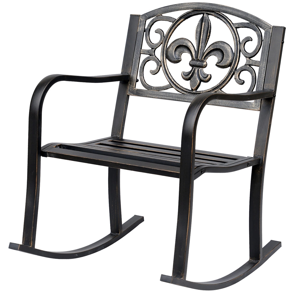 Sedia a dondolo antica in metallo in bronzo elegante e confortevole per patio e giardino