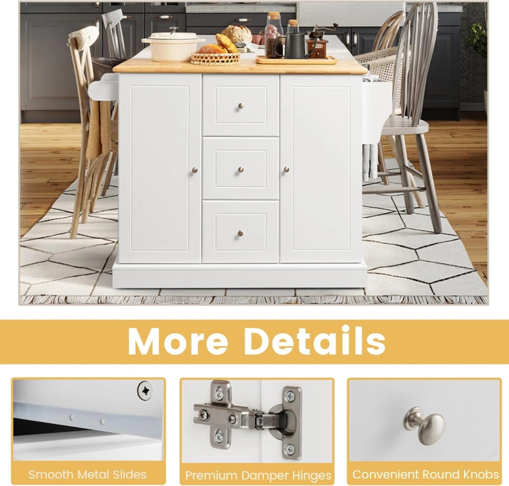 Carrello da Cucina in Legno di Quercia con 2 Armadi e 3 Cassetti, Credenza con 5 Rotelle e Cerniere in Metallo, Isola da Cucina per Soggiorno e Sala da Pranzo (Bianco)