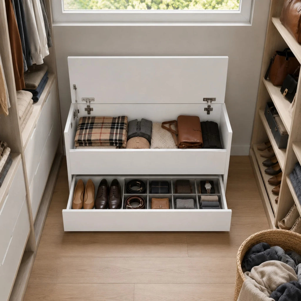 Cassapanca Contenitore Bianca con Cassetto Inferiore e Vano Interno | Panca Ingresso Salvaspazio con Chiusura Soft Close | Baule Multiuso 90x40x46 cm