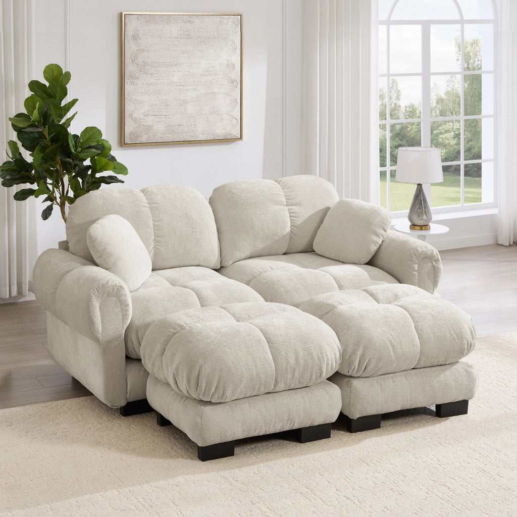Divano modulare in ciniglia con pouf mobili; 190x149x90 cm; Light Khaki