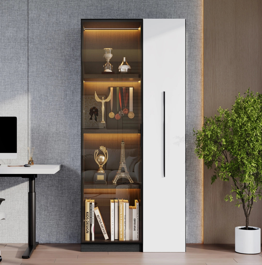 Vetrina multifunzione 70x40x160 cm in MDF nero e bianco， LED e ruote