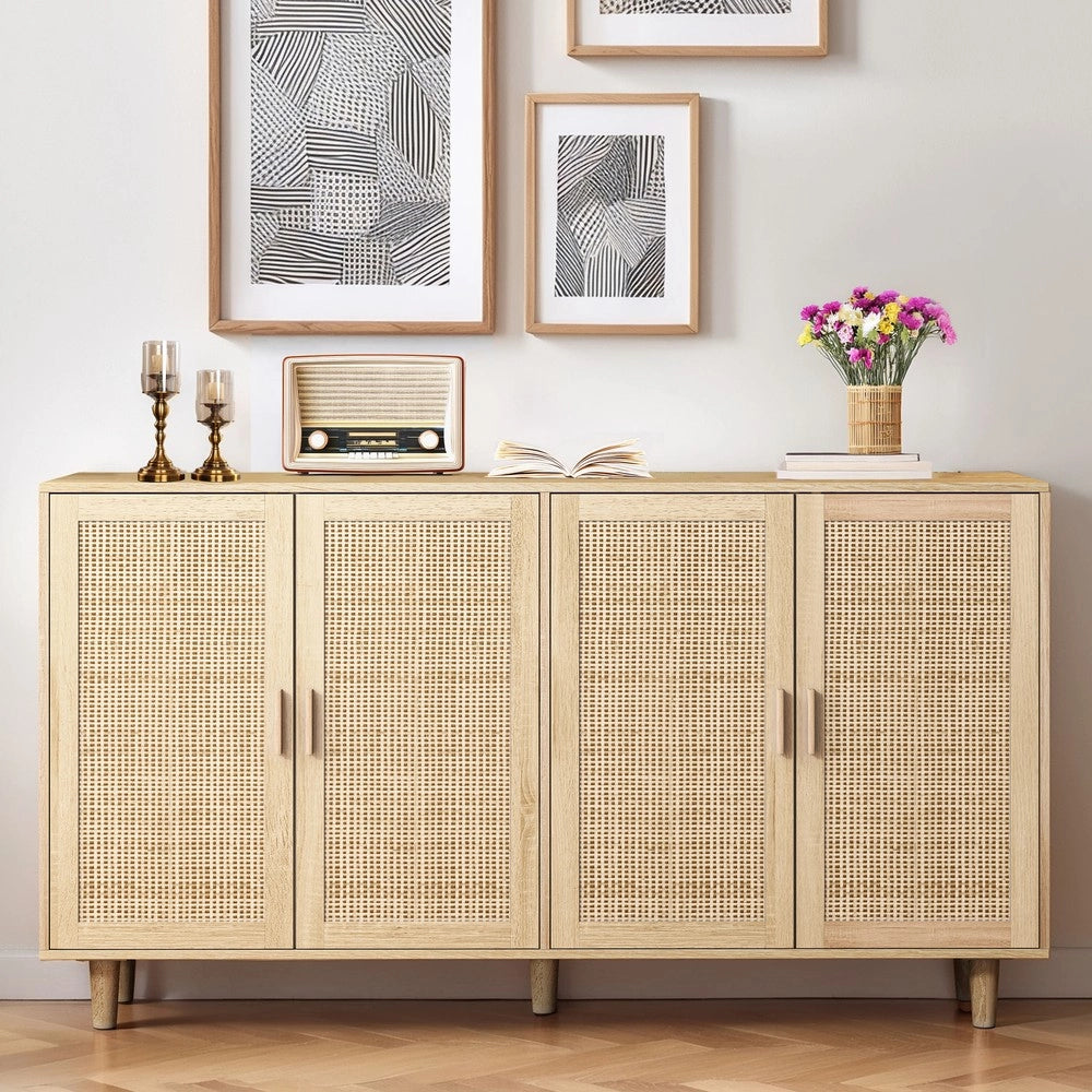 Armadio 4 Ante in Rattan ¨C MINIMAL ¨C Guardaroba con Ripiani, Bianco, 158 cm