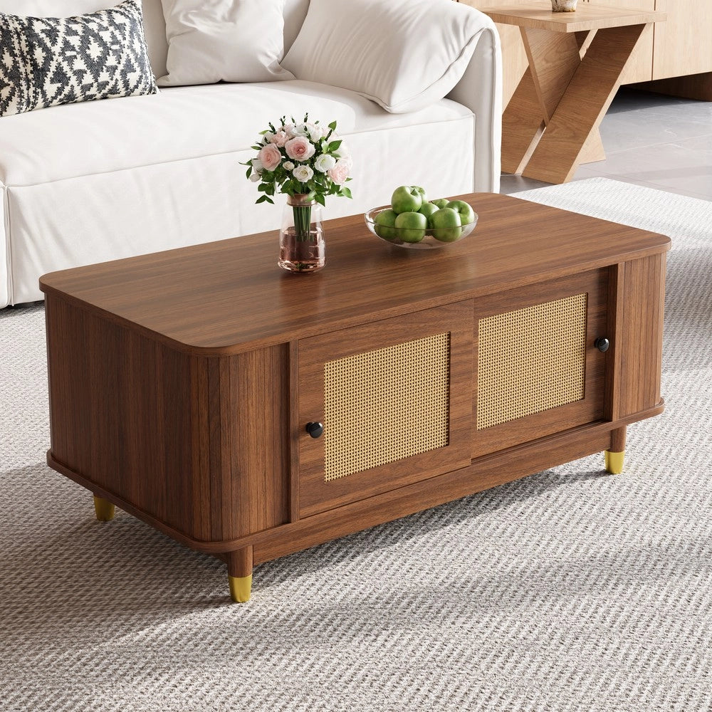 Tavolino da Salotto con Ante Scorrevoli in Rattan ¨C MINIMAL ¨C MDF, Effetto Legno, Design Moderno