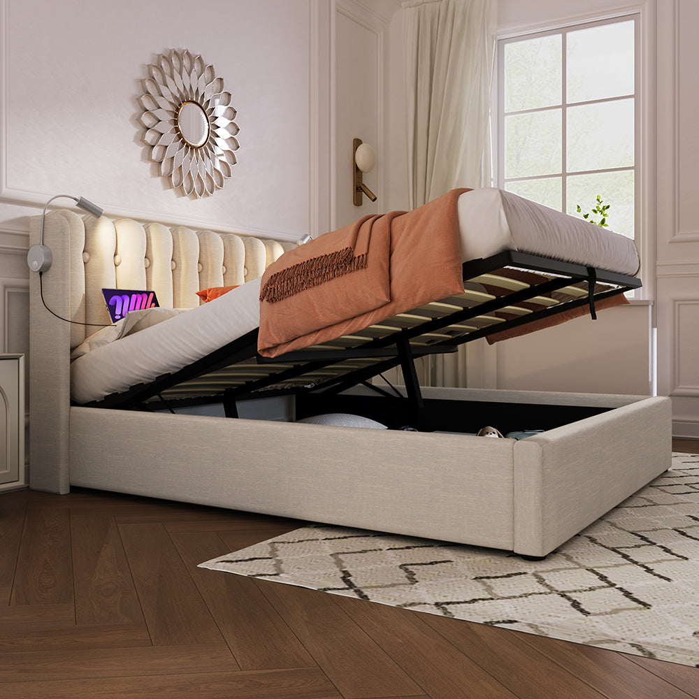 Letto a cassone imbottito 140x200 cm - Xylo - Beige con funzione di carico e due lampade da lettura