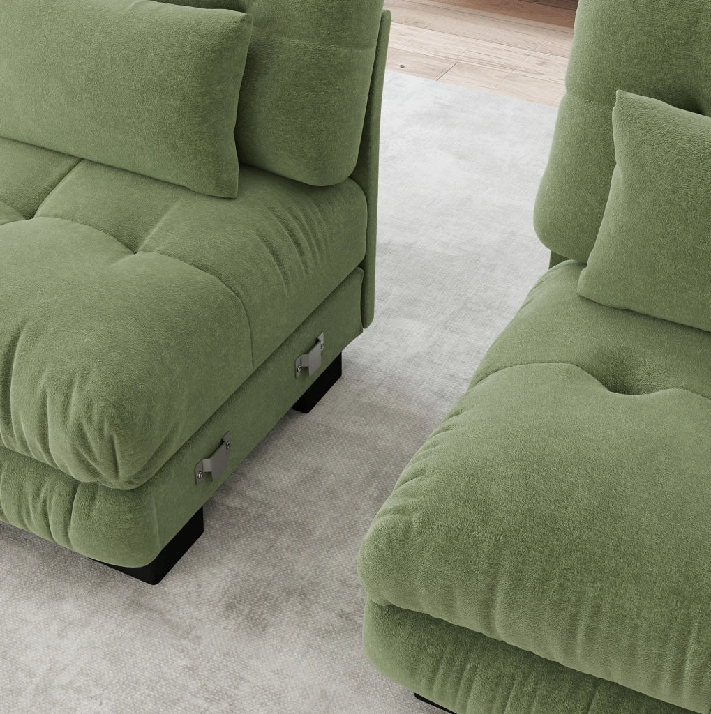 Divano modulare con ottomane mobili in ciniglia verde; 313 x 145 x 81 cm
