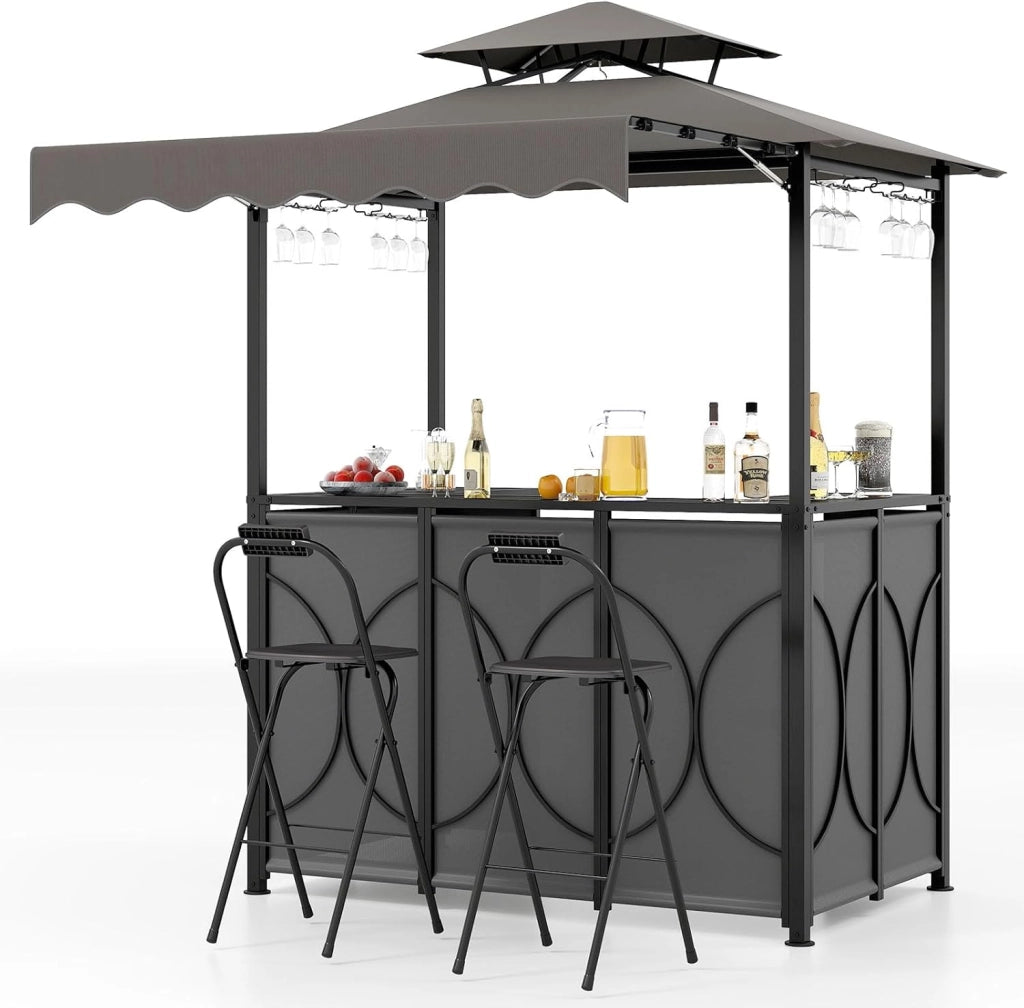Gazebo per Barbecue, Pergola per BBQ con Tavolo Bar e 2 Sgabelli Bar Pieghevoli, Ripiani di Stoccaggio in Metallo, per Giardino e Cortile, 193 x 117 x 240 cm (Marrone)