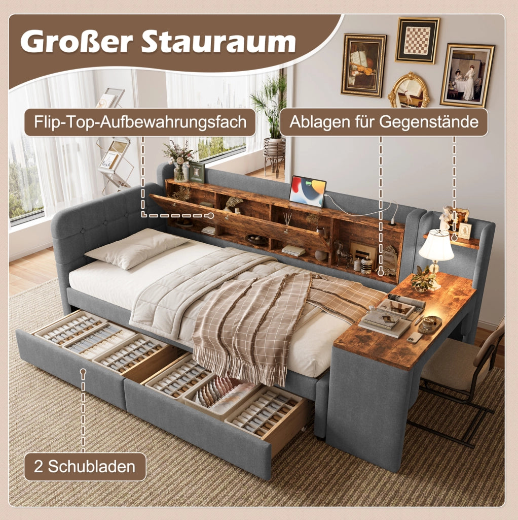 Letto singolo 90x200 cm grigio con scrivania, USB-C e cassetti