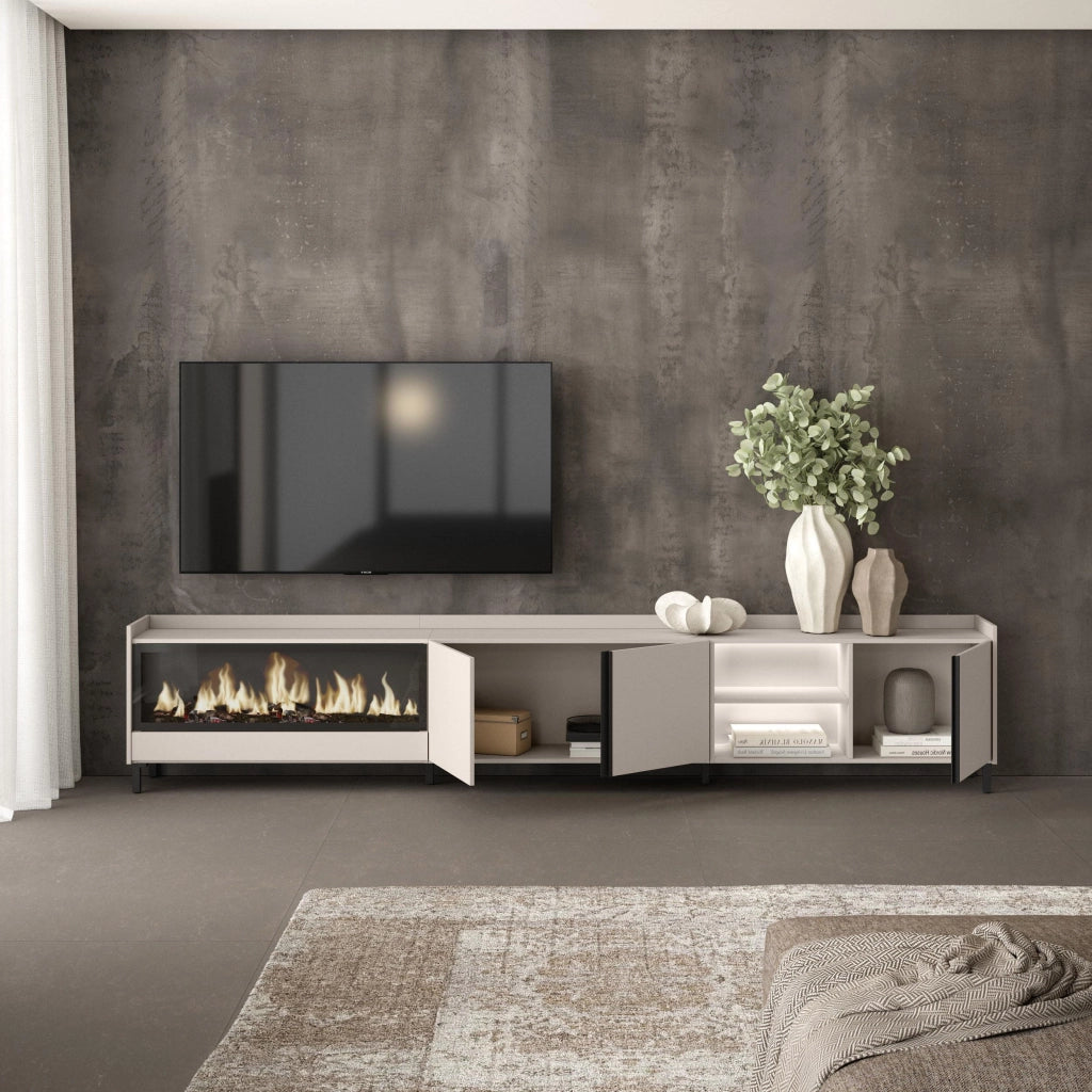 Mobile TV Soggiorno, 315x61x35 cm, Per TV fino a 80", Camino elettrico XXL, Design industriale, LED, Beige