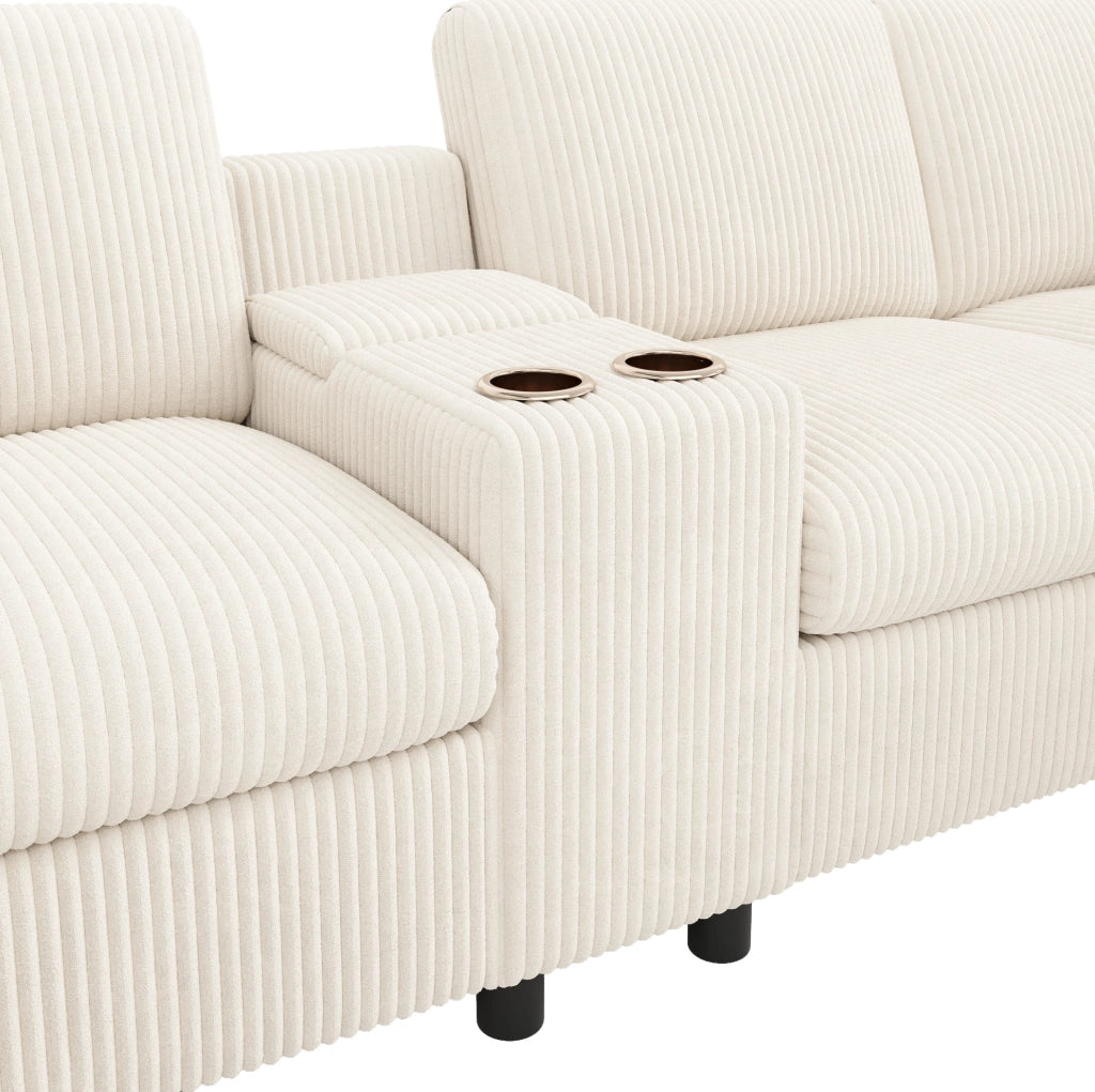 Divano a U ULEVR 315x135 cm in velluto a coste beige con 2 pouf contenitore, tavolino, prese USB e Type-C