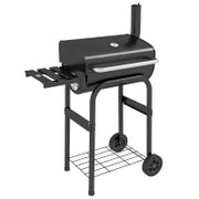 Barbecue a Carbone con Coperchio, Termometro e Camino, Ripiani e Ruote, Nero
