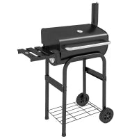 Barbecue a Carbone con Coperchio, Termometro e Camino, Ripiani e Ruote, Nero