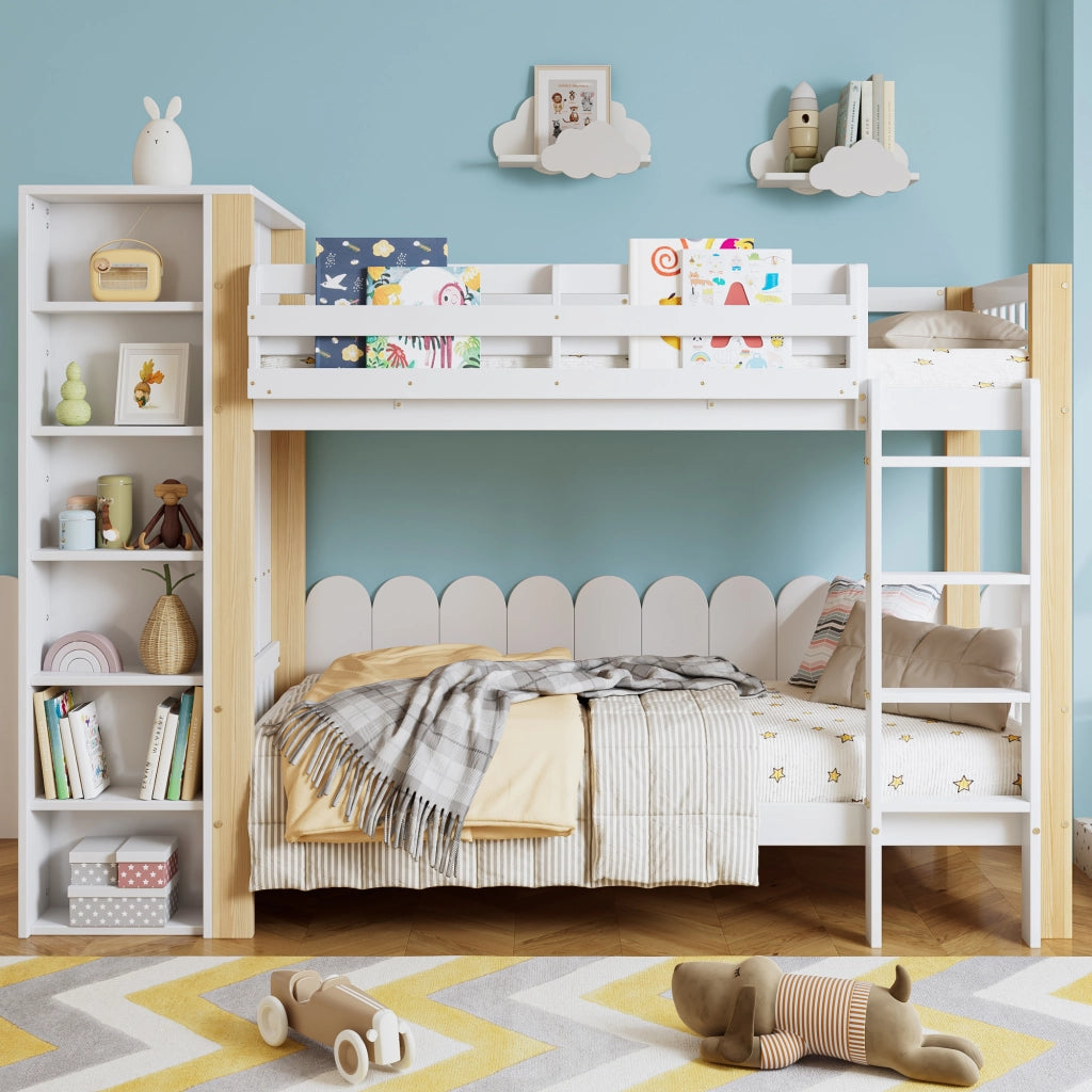 OKWISH Letto a Castello 90×200 cm, Letto Singolo con 6 Mensole, Armadio Laterale e Scala a 4 Gradini, senza Materasso, Bianco e Naturale