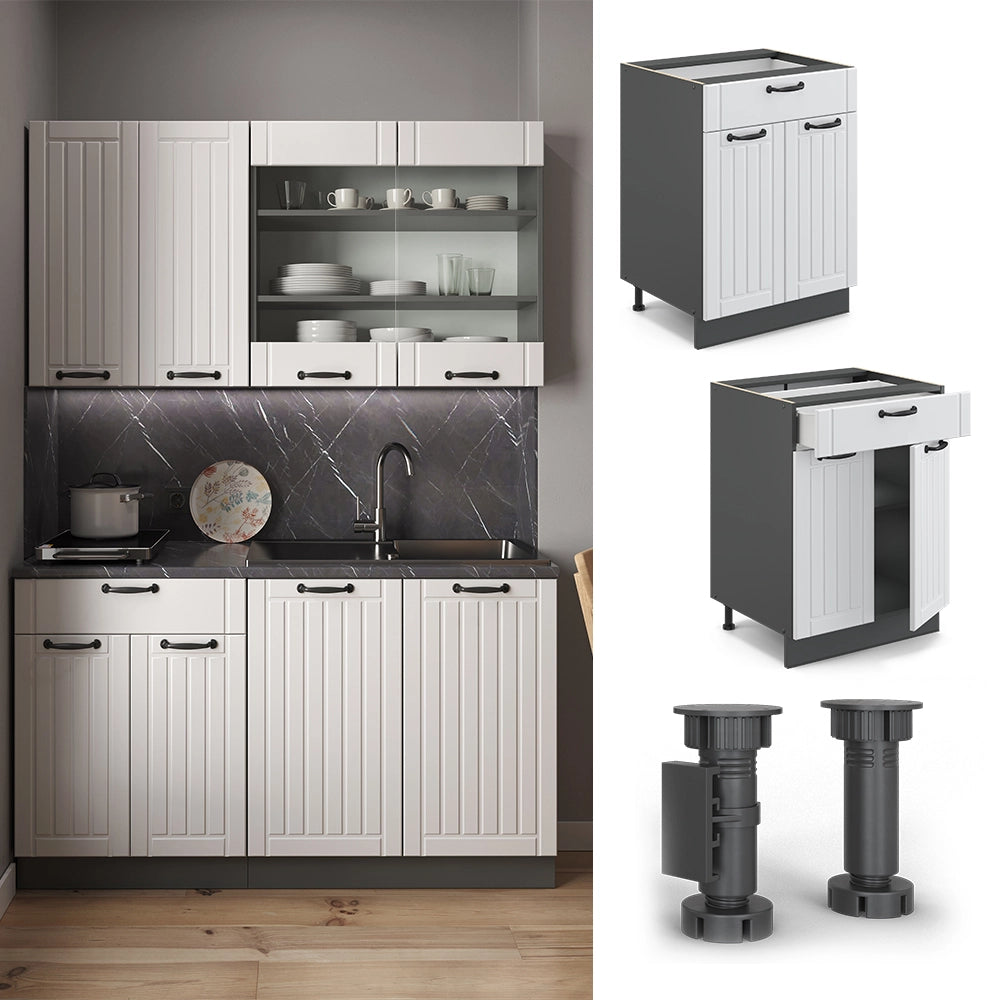 Mobiletto base per cucina Fame-Line Bianco rustico/Antracite 60 cm con cassetto, PL Rovere Vicco