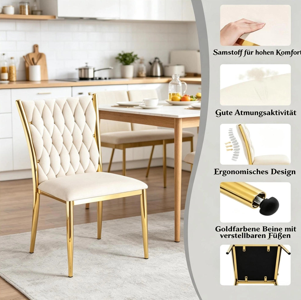 Set di 2 sedie da pranzo in velluto crema e oro