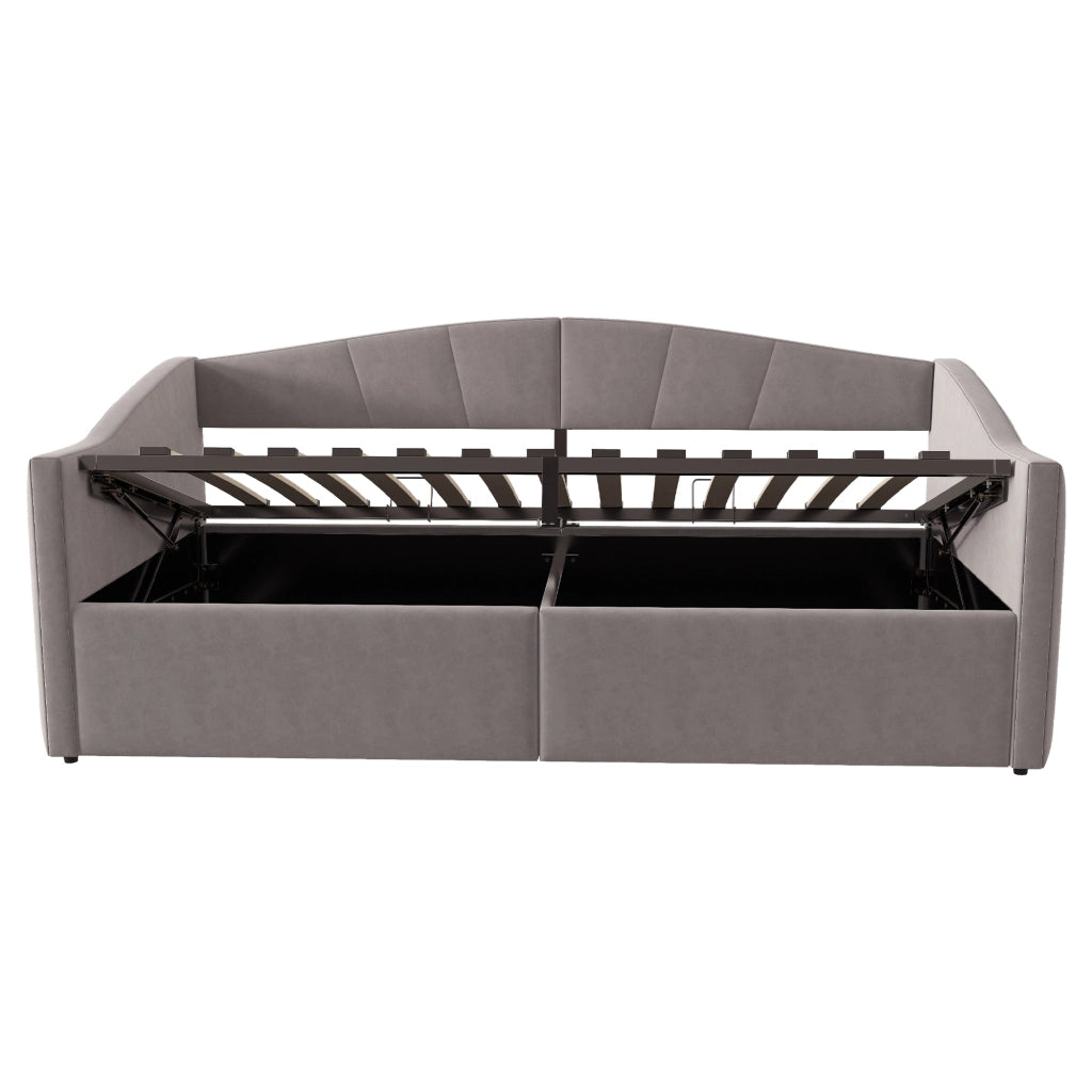 Letto imbottito singolo 90×200 cm con contenitore idraulico; rete a doghe; senza materasso; grigio