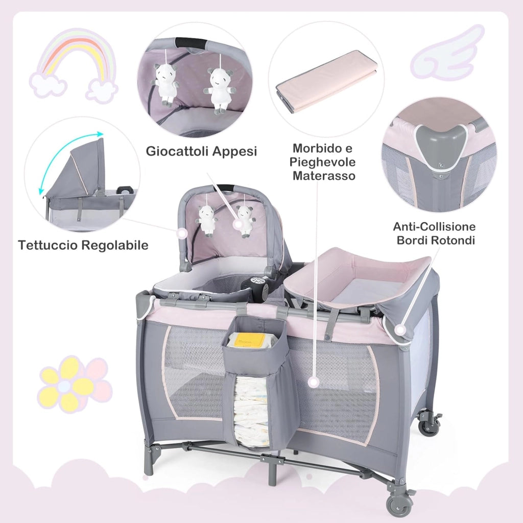 5 in 1 Culla Campeggio Bambini, Lettino Viaggio Neonati Pieghevole con Materasso, Fasciatoio, Box Portatile con Ruote, 2 Giocattoli e Carillon, per Bambini 0-3 Anni (Rosa)