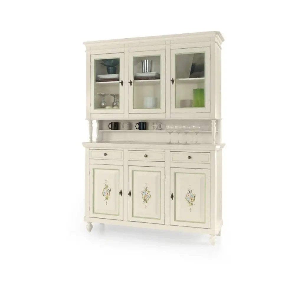 Cristalliera 6 ante 3 cassetti arte povera in legno massello e mdf con rifinitura in bianco filo verde con decori 158x47x213 H
