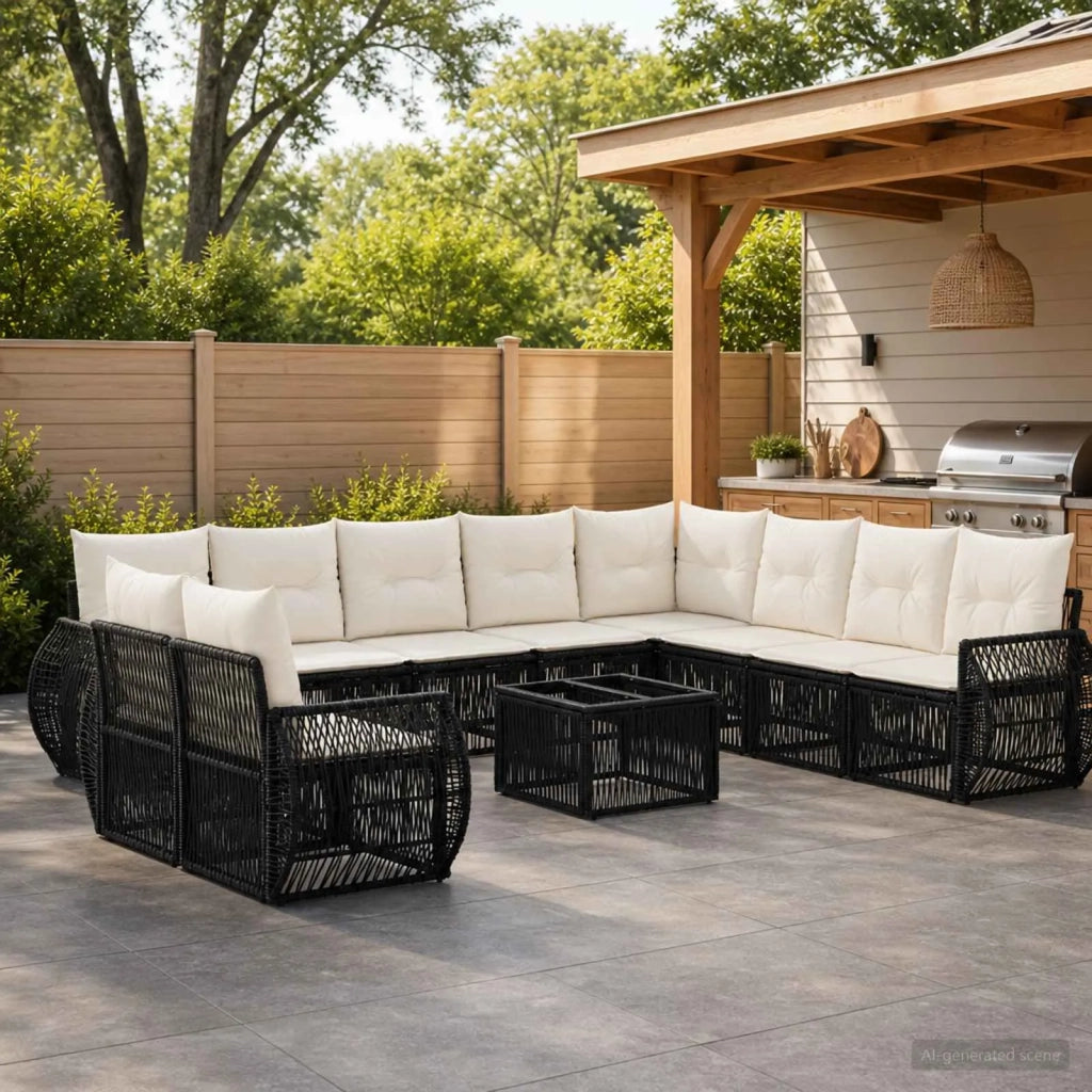 Set Divano da Giardino 11 pz Nero e Bianco Crema polyrattan 3435466
