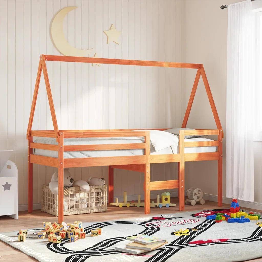 Letto singolo | Letto per adulti | Letto a Soppalco con Tetto Cera 80x200 cm in Legno di Pino