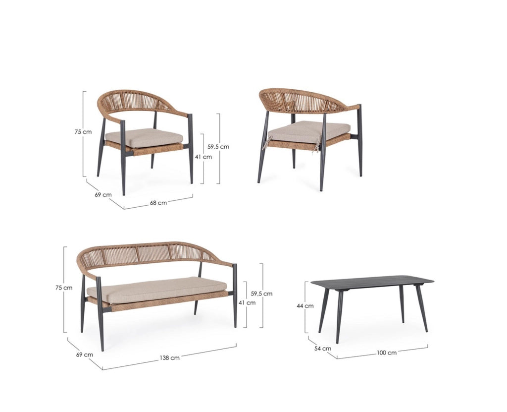 Set 4 Pezzi Salotto da Giardino con Divano 2 Poltrone e Tavolino in Alluminio e Fibra Sintetica Jandia Antracite e