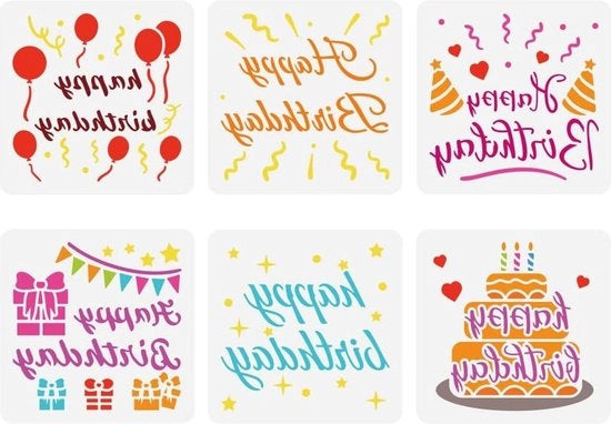 Kit di stencil per decorare 6 pezzi - Stencil per torta di compleanno - Stencil per palloncini di compleanno - Kit di stencil riutilizzabile per tema di compleanno per cartoline, scrapbook, DIY e casa 

Stencil per decorare: 6 pezzi
Dimensioni: 15x15 cm